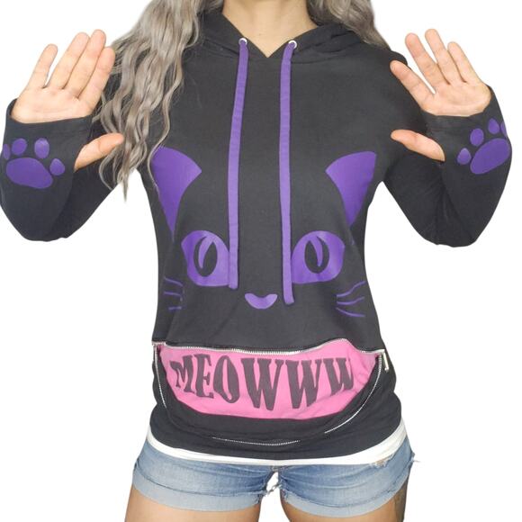 Kitty Cat Sweater Womens Medium Black Purple Pink Grunge Punk Cosplay Hot Topic - Picture 1 of 15